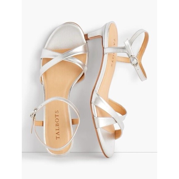 Talbots Pila Criss-Cross Leather Sandals Metallic Silver Kitten Heel Dressy 10 - Picture 1 of 10